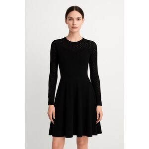 Milly‎ Pointelle Fit & Flare Black Long Sleeve Knit Dress Sz P Romantic Feminine